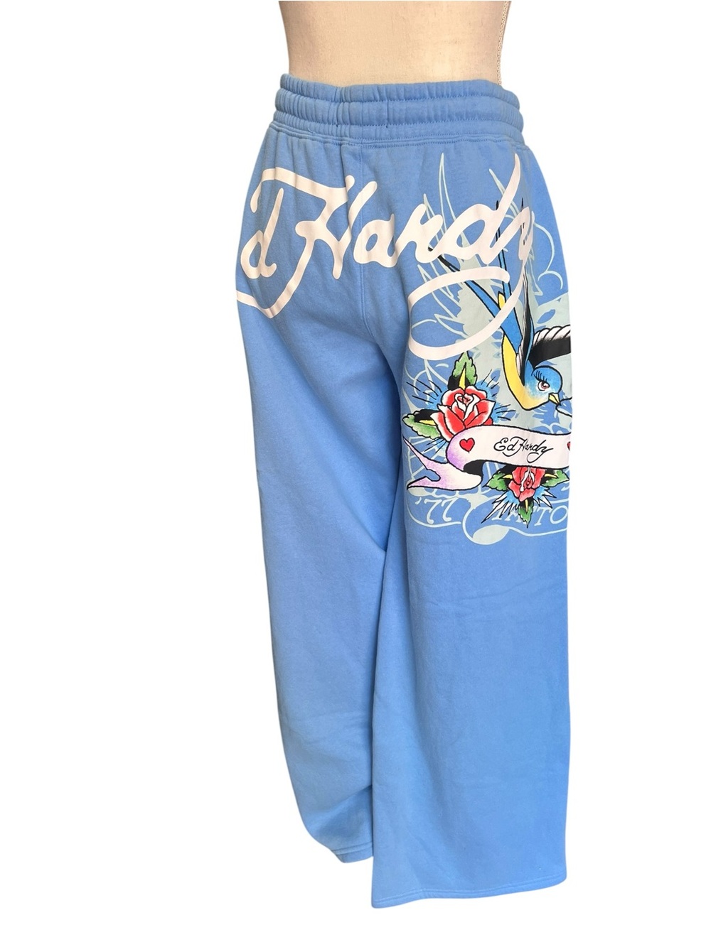 Ed Hardy Baby Blue Wide Leg Sweatpants Y2K Tattoo Graphic Lounge Pants L - Picture 4 of 10